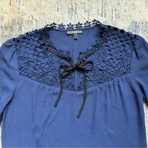 Express long sleeve dress shirt with tie front and lace detail Small Navy/Black